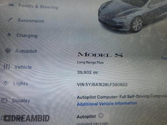 2020 Tesla Model S Long Range с VIN 5YJSA1E28LF390602, выставлен на аукционе Copart как лот 63778115 с пробегом 39 802 миль миль и Списание • Salvage title. История ставок и продаж доступна на DreamBid. Изображение 9.