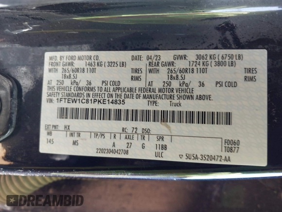 2023 Ford F-150 XL with VIN 1FTEW1C81PKE14835, listed as a IAAI auction lot 41502717 with 47,969 mi miles and . Bid and sale history available at DreamBid. Image 9.