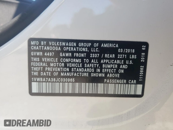 2018 Volkswagen Passat SE with VIN 1VWBA7A38JC030965, listed as a Copart auction lot 56328575 with 72,166 mi miles and Salvage title. Bid and sale history available at DreamBid. Image 12.