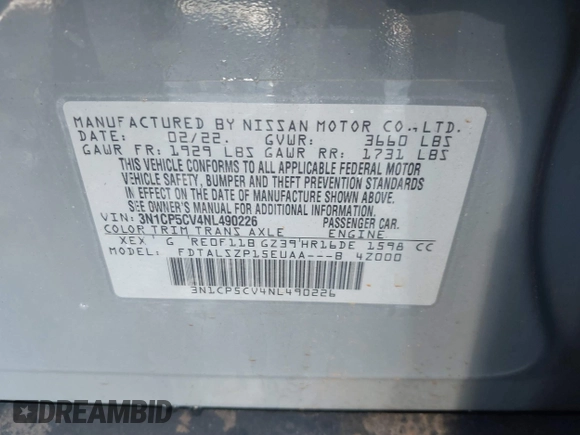 2022 Nissan Kicks SV with VIN 3N1CP5CV4NL490226, listed as a IAAI auction lot 41768814 with Not Provided miles and . Bid and sale history available at DreamBid. Image 9.