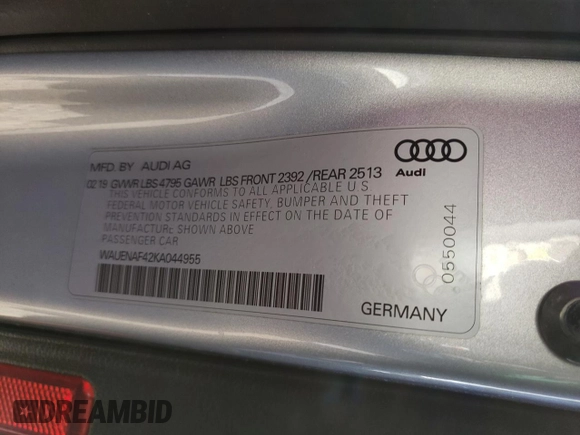 2019 Audi A4 Premium Plus with VIN WAUENAF42KA044955, listed as a Copart auction lot 46553044 with 77,833 mi miles and Salvage Title. Bid and sale history available at carsss.com. Image 12.