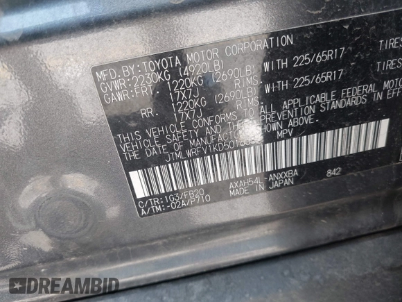 2019 Toyota RAV4 Hybrid LE with VIN JTMLWRFV1KD501638, listed as a IAAI auction lot 42590717 with 46,277 mi miles and . Bid and sale history available at DreamBid. Image 9.