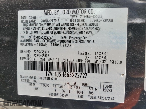 2006 Ford Mustang GT Deluxe with VIN 1ZVFT85H665222727, listed as a Copart auction lot 48214285 with 143,226 mi miles and Salvage Title. Bid and sale history available at carsss.com. Image 14.