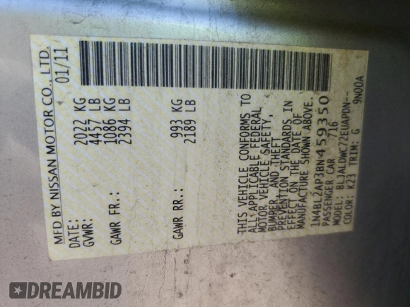2011 Nissan Altima SR with VIN 1N4BL2AP3BN459350, listed as a Copart auction lot 60437095 with 129,526 mi miles and Salvage title. Bid and sale history available at DreamBid. Image 12.