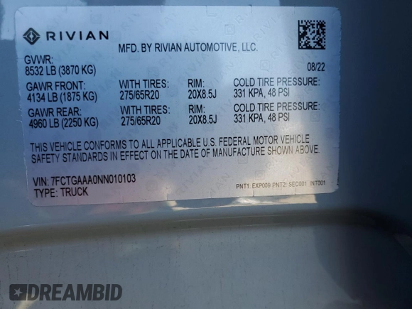 2022 Rivian R1T Adventure z VIN 7FCTGAAA0NN010103, wystawiony jako Copart lot #53312035 z przebiegiem 48 333 mil mil oraz Szkody całkowita. Historia ofert i sprzedaży dostępna na DreamBid. Obrazek 13.