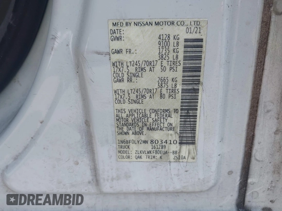 2021 Nissan NV Cargo SV с VIN 1N6BF0LY2MN803410, выставлен на аукционе IAAI как лот 42083652 с пробегом 49 841 миль миль и . История ставок и продаж доступна на DreamBid. Изображение 9.