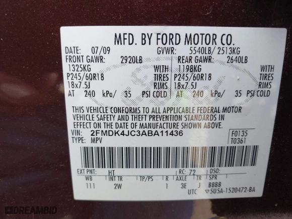 2010 Ford Edge SEL with VIN 2FMDK4JC3ABA11436, listed as a IAAI auction lot 41845809 with 185,367 mi miles. Bid and sale history available at carsss.com. Image 9.