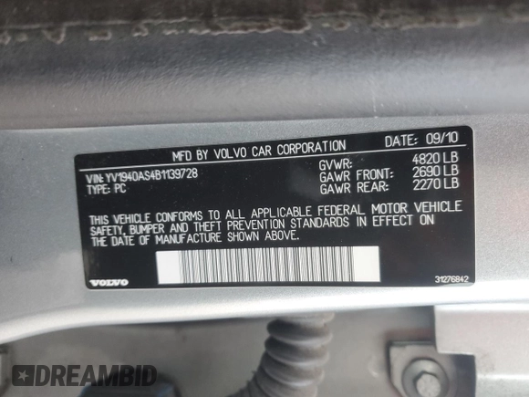 2011 Volvo S80 3.2L с VIN YV1940AS4B1139728, выставлен на аукционе Copart как лот 89360685 с пробегом 157 539 миль миль и Списание • Salvage title. История ставок и продаж доступна на DreamBid. Изображение 12.