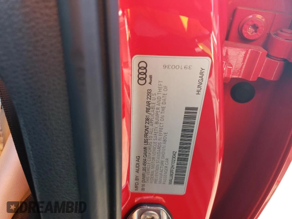 2017 Audi A3 Sedan Premium Plus with VIN WAUJ8GFF2H1023042, listed as a Copart auction lot 73591613 with 52,110 mi miles. Bid and sale history available at carsss.com. Image 12.