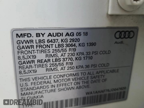 2018 Audi Q7 Premium z VIN WA1AHAF75JD047620, wystawiony jako Copart lot #45298955 z przebiegiem 103 928 mil mil oraz Szkoda całkowita • Salvage title. Historia ofert i sprzedaży dostępna na DreamBid. Obrazek 14.