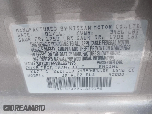 2016 Nissan Versa S with VIN 3N1CN7AP2GL857195, listed as a IAAI auction lot 42502983 with 161,480 mi miles and . Bid and sale history available at DreamBid. Image 9.