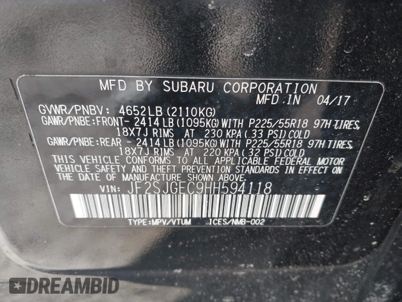 2017 Subaru Forester Premium with VIN JF2SJGEC9HH594118, listed as a IAAI auction lot 41634787 with 147,086 mi miles. Bid and sale history available at carsss.com. Image 9.