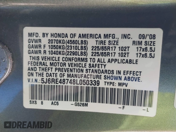 2008 Honda CR-V EX-L with VIN 5J6RE48748L050339, listed as a IAAI auction lot 42044043 with 210,485 mi miles. Bid and sale history available at carsss.com. Image 9.