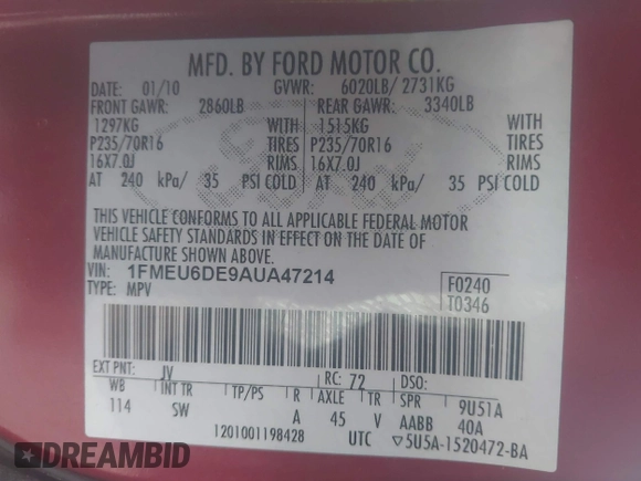 2010 Ford Explorer XLT with VIN 1FMEU6DE9AUA47214, listed as a IAAI auction lot 42065167 with 122,981 mi miles. Bid and sale history available at carsss.com. Image 9.