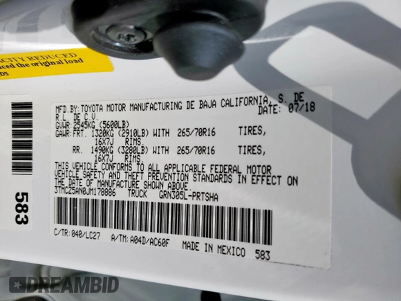 2018 Toyota Tacoma SR z VIN 3TMCZ5AN0JM178886, wystawiony jako Copart lot #56330495 z przebiegiem 71 962 mil mil oraz Szkoda całkowita • Salvage title. Historia ofert i sprzedaży dostępna na DreamBid. Obrazek 12.