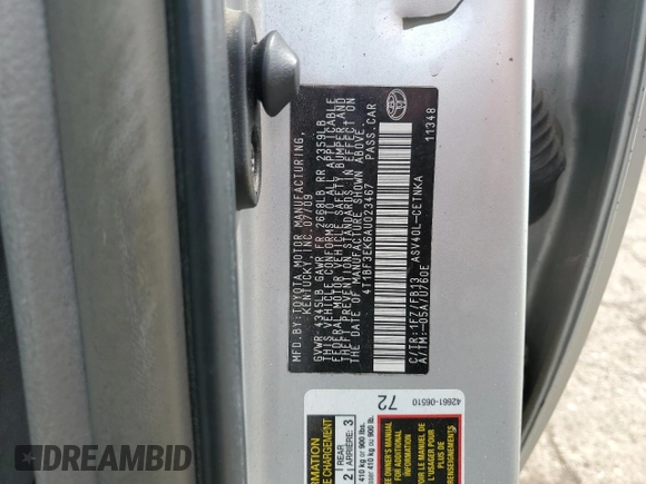 2010 Toyota Camry with VIN 4T1BF3EK6AU023467, listed as a Copart auction lot 55328015 with Not Provided miles and Clean Title. Bid and sale history available at DreamBid. Image 12.