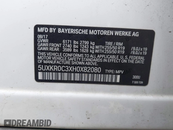 2017 BMW X5 xDrive35i with VIN 5UXKR0C3XH0X82080, listed as a IAAI auction lot 41820700 with 126,235 mi miles. Bid and sale history available at carsss.com. Image 9.