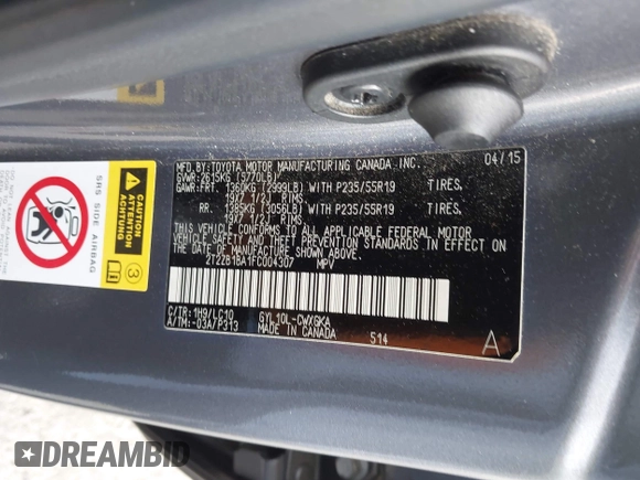 2015 Lexus RX 450h with VIN 2T2ZB1BA1FC004307, listed as a IAAI auction lot 41938179 with 174,255 mi miles and . Bid and sale history available at DreamBid. Image 9.