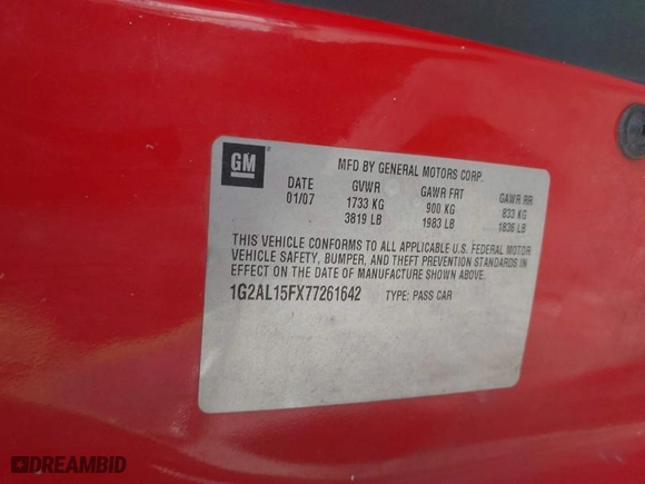 2007 Pontiac G5 with VIN 1G2AL15FX77261642, listed as a IAAI auction lot 41617407 with NaN miles. Bid and sale history available at carsss.com. Image 9.