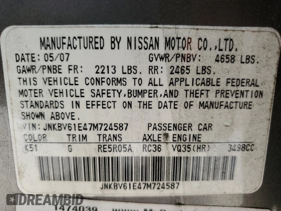 2007 Infiniti G35 Journey with VIN JNKBV61E47M724587, listed as a Copart auction lot 71555124 with 146,964 mi miles and Salvage Title. Bid and sale history available at DreamBid. Image 12.