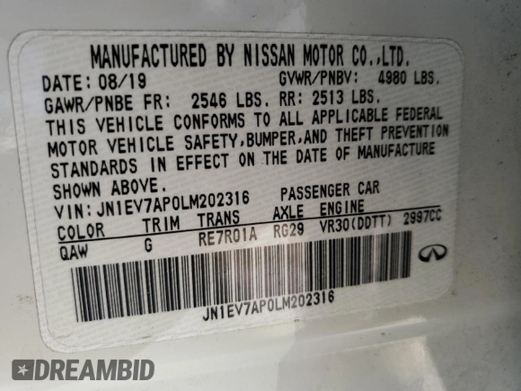 2020 Infiniti Q50 Sport z VIN JN1EV7AP0LM202316, wystawiony jako Copart lot #55100665 z przebiegiem 63 174 mil mil oraz Szkoda całkowita • Salvage title. Historia ofert i sprzedaży dostępna na DreamBid. Obrazek 12.
