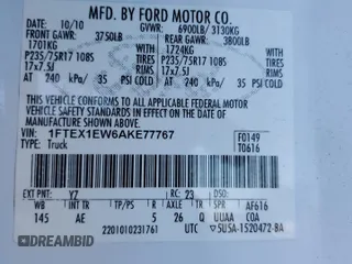 2010 Ford F-150 XL с VIN 1FTEX1EW6AKE77767, выставлен на аукционе Copart как лот 38702614 с пробегом 225 004 миль миль и Списание • Salvage title. История ставок и продаж доступна на DreamBid. Изображение 12.