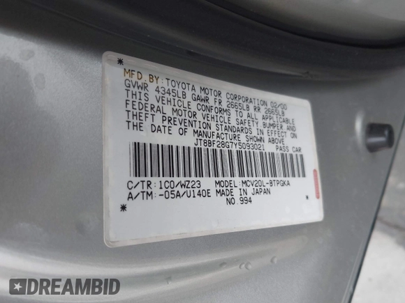 2000 Lexus ES 300 с VIN JT8BF28G7Y5093021, выставлен на аукционе IAAI как лот 42427386 с пробегом 134 897 миль миль и . История ставок и продаж доступна на DreamBid. Изображение 9.