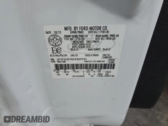 2012 Ford F-150 XL with VIN 1FTFX1ET9CFB37731, listed as a Copart auction lot 52511335 with 86,361 mi miles and Salvage Title. Bid and sale history available at carsss.com. Image 12.