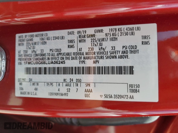 2020 Ford Escape SE z VIN 1FMCU0G68LUA06245, wystawiony jako Copart lot #58763955 z przebiegiem 84 691 mil mil oraz Nie do naprawy • Non repairable. Historia ofert i sprzedaży dostępna na DreamBid. Obrazek 14.