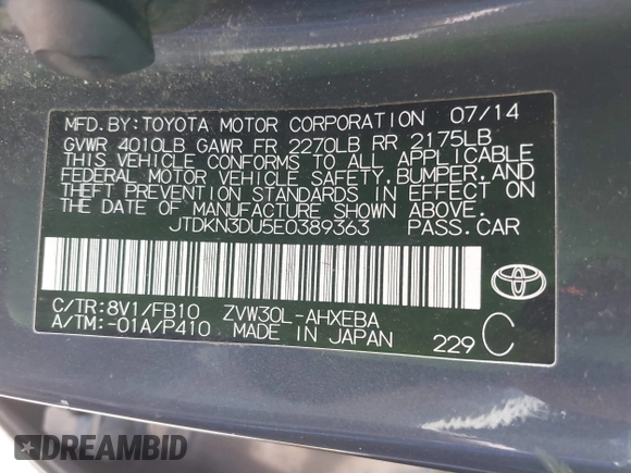 2014 Toyota Prius Four with VIN JTDKN3DU5E0389363, listed as a IAAI auction lot 42174558 with 203,472 mi miles. Bid and sale history available at carsss.com. Image 9.