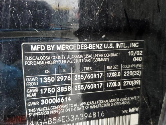 2003 Mercedes-Benz M-Class 3.2L with VIN 4JGAB54E33A394816, listed as a Copart auction lot 43430405 with 0 mi miles and Clean Title. Bid and sale history available at carsss.com. Image 13.