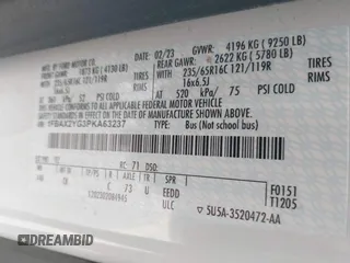 2023 Ford Transit Passenger XL with VIN 1FBAX2YG3PKA63237, listed as a IAAI auction lot 41996063 with 58,429 mi miles and . Bid and sale history available at DreamBid. Image 9.