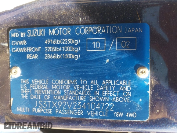 2003 Suzuki XL7 Touring z VIN JS3TX92V234104722, wystawiony jako IAAI lot #41994253 z przebiegiem 185 553 mil mil oraz . Historia ofert i sprzedaży dostępna na DreamBid. Obrazek 9.