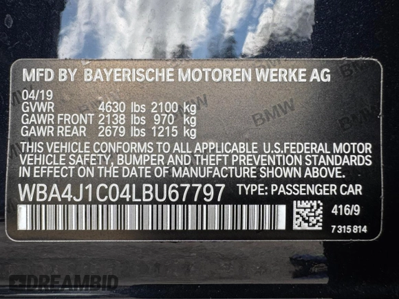 2020 BMW 4 Series 430i with VIN WBA4J1C04LBU67797, listed as a Copart auction lot 44953505 with 48,124 mi miles and Salvage title. Bid and sale history available at DreamBid. Image 15.