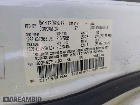 2007 Dodge Grand Caravan with VIN 1D8GP24E57B171161, listed as a IAAI auction lot 41930422 with Not Provided miles and . Bid and sale history available at DreamBid. Image 9.