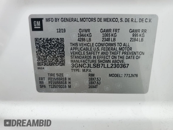 2020 Chevrolet Trax LT with VIN 3GNCJLSB7LL230367, listed as a Copart auction lot 57222255 with 26,180 mi miles and Salvage title. Bid and sale history available at DreamBid. Image 14.