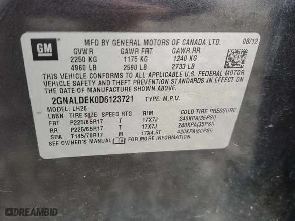 2013 Chevrolet Equinox LT with VIN 2GNALDEK0D6123721, listed as a Copart auction lot 85796854 with 228,878 mi miles and Salvage Title. Bid and sale history available at carsss.com. Image 15.