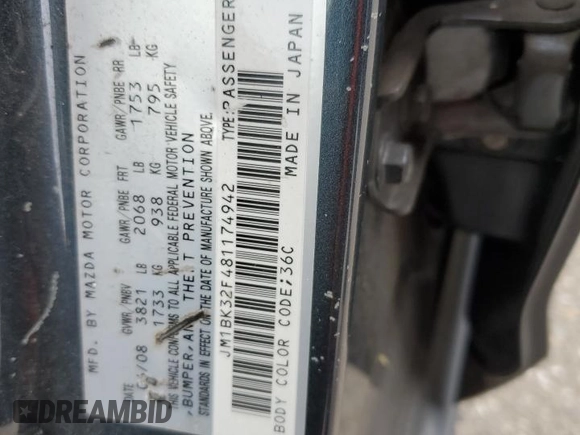 2008 Mazda Mazda3 i Touring Value with VIN JM1BK32F481174942, listed as a Copart auction lot 54401615 with 272,741 mi miles and Salvage Title. Bid and sale history available at carsss.com. Image 12.