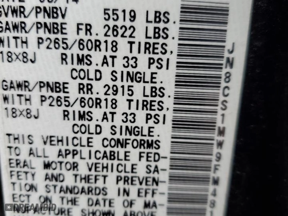 2015 Infiniti QX70 with VIN JN8CS1MW9FM481352, listed as a Copart auction lot 51229405 with 64,309 mi miles and Salvage Title. Bid and sale history available at carsss.com. Image 14.