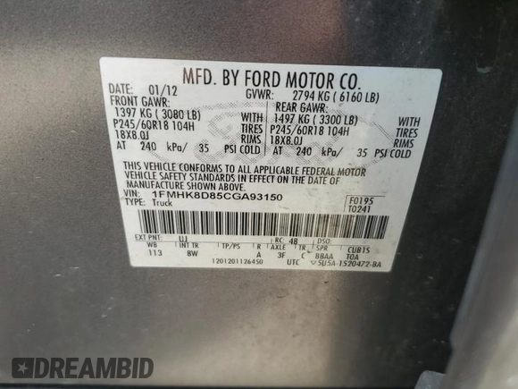 2012 Ford Explorer XLT with VIN 1FMHK8D85CGA93150, listed as a Copart auction lot 63037655 with 209,224 mi miles and Clean title. Bid and sale history available at DreamBid. Image 13.