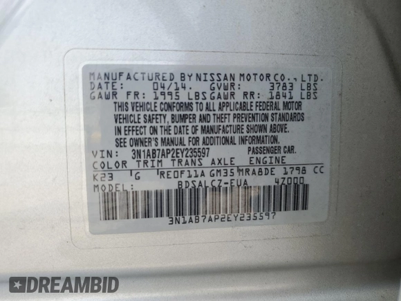 2014 Nissan Sentra SV with VIN 3N1AB7AP2EY235597, listed as a Copart auction lot 60745355 with 173,412 mi miles and Salvage title. Bid and sale history available at DreamBid. Image 13.