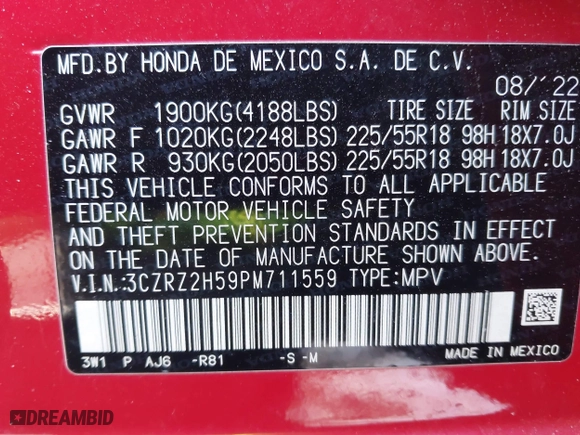 2023 Honda HR-V Sport with VIN 3CZRZ2H59PM711559, listed as a IAAI auction lot 41277392 with 35,826 mi miles. Bid and sale history available at carsss.com. Image 9.