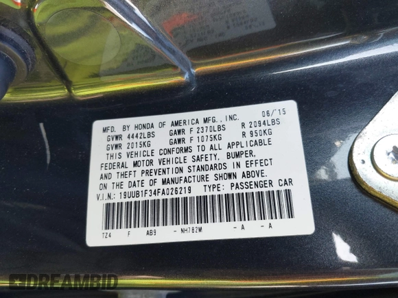2015 Acura TLX with VIN 19UUB1F34FA026219, listed as a IAAI auction lot 42240969 with 84,617 mi miles and . Bid and sale history available at DreamBid. Image 9.
