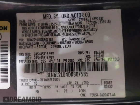 2013 Lincoln MKZ Hybrid с VIN 3LN6L2LU4DR807585, выставлен на аукционе IAAI как лот 41706584 с пробегом 233 445 миль миль и . История ставок и продаж доступна на DreamBid. Изображение 9.