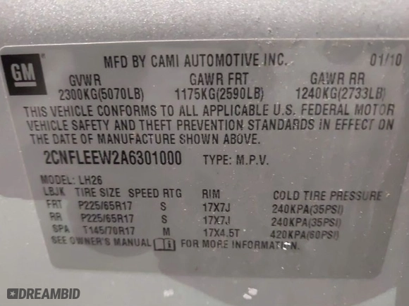 2010 Chevrolet Equinox LT w/1LT with VIN 2CNFLEEW2A6301000, listed as a IAAI auction lot 41378699 with 208,265 mi miles. Bid and sale history available at carsss.com. Image 9.