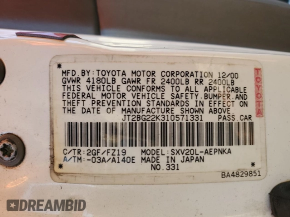2001 Toyota Camry CE with VIN JT2BG22K310571331, listed as a Copart auction lot 44842295 with 132,839 mi miles and Clean Title. Bid and sale history available at carsss.com. Image 12.