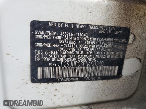 2014 Subaru Forester with VIN JF2SJHPC3EH490240, listed as a Copart auction lot 67876064 with 195,561 mi miles and Salvage title. Bid and sale history available at DreamBid. Image 14.