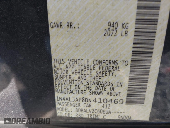 2013 Nissan Altima S with VIN 1N4AL3AP8DN410469, listed as a IAAI auction lot 41883869 with 208,170 mi miles and . Bid and sale history available at DreamBid. Image 9.