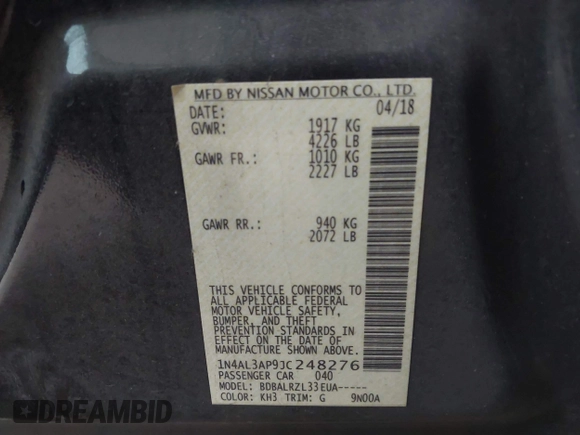 2018 Nissan Altima SR with VIN 1N4AL3AP9JC248276, listed as a IAAI auction lot 41327872 with 113,571 mi miles and . Bid and sale history available at DreamBid. Image 9.