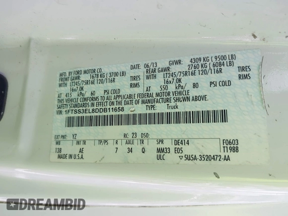 2013 Ford Econoline Cargo Commercial with VIN 1FTSS3EL8DDB11658, listed as a IAAI auction lot 42400365 with 170,019 mi miles and . Bid and sale history available at DreamBid. Image 9.